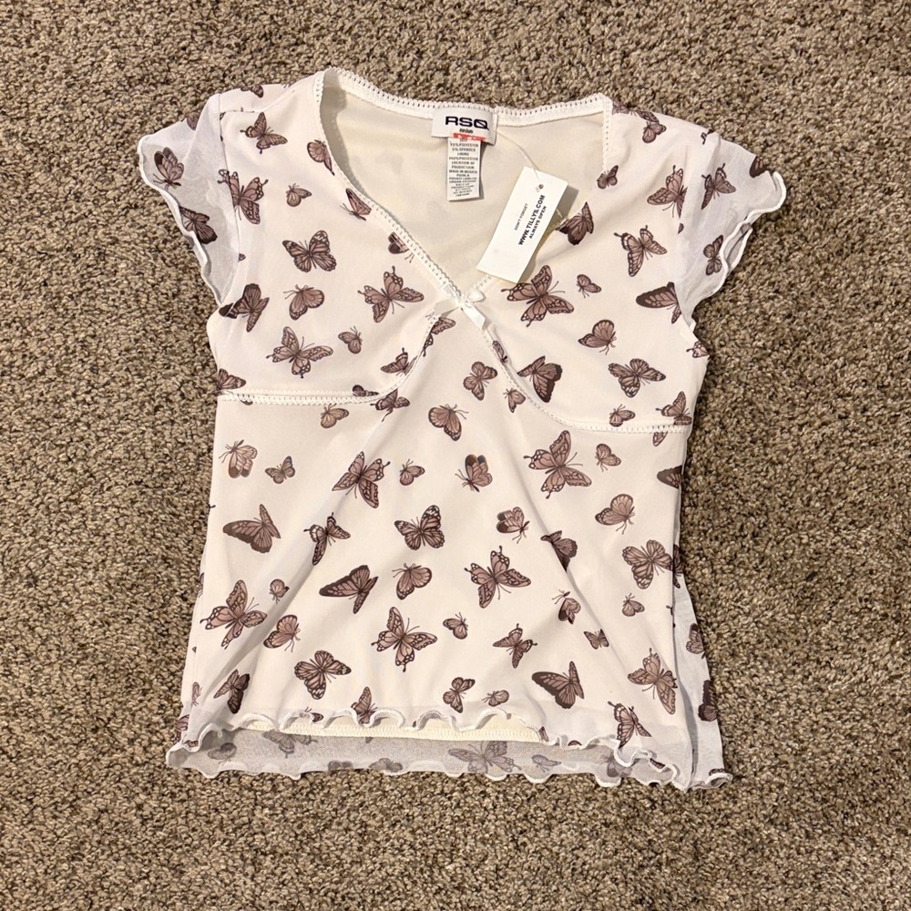 RSQ White and Brown Butterfly V-neck Tee